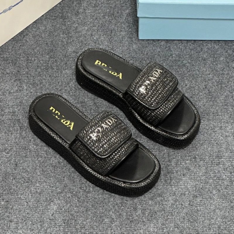 Prada Logo-Embellished Raffia Platform Slides Beige Sandals Slippers - 3
