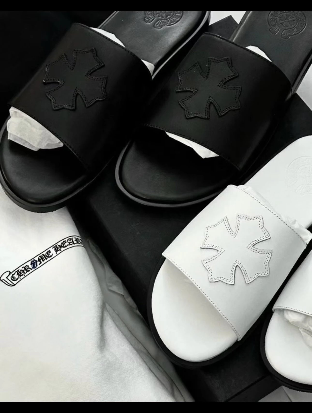 CH Chrome Hearts CH Plus Patch Leather Slide Slippers Cross Flower Leather Slippers