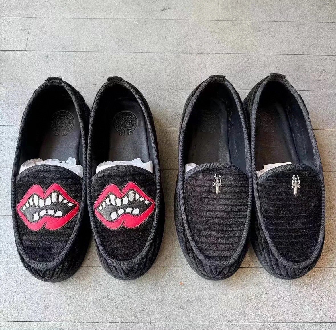 Exclusive Chrome Hearts Matty Boy Chomper Patch Heavy Cord House Slippers Sword Dagger Red Lips Loafers