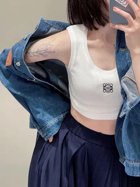 Loewe Anagram Ribbed Cropped Tank Top White Vest Top - 3