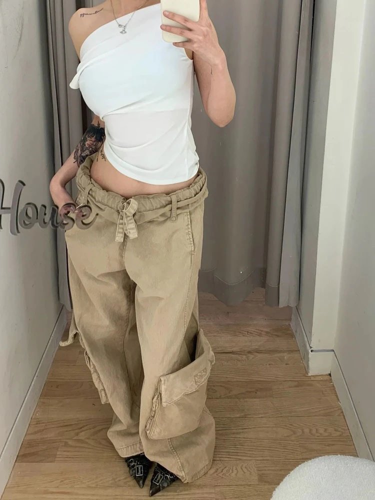 Beige Low-Rise Cargo Pants with Drawstring Waist