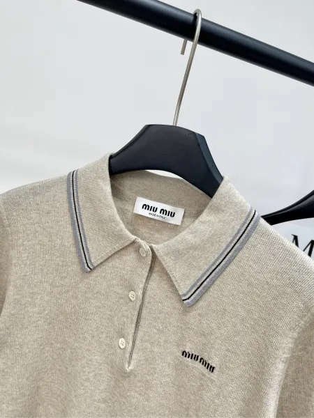 Miu Miu Knit Polo Shirt Beige with Contrast Trim Polo - 3