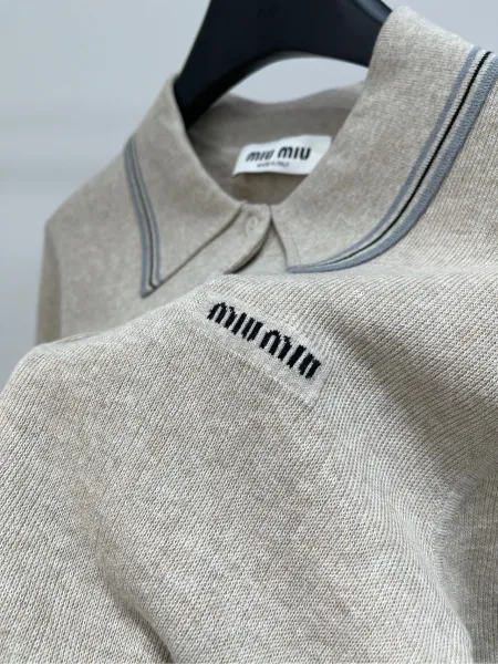 Miu Miu Knit Polo Shirt Beige with Contrast Trim Polo - 8