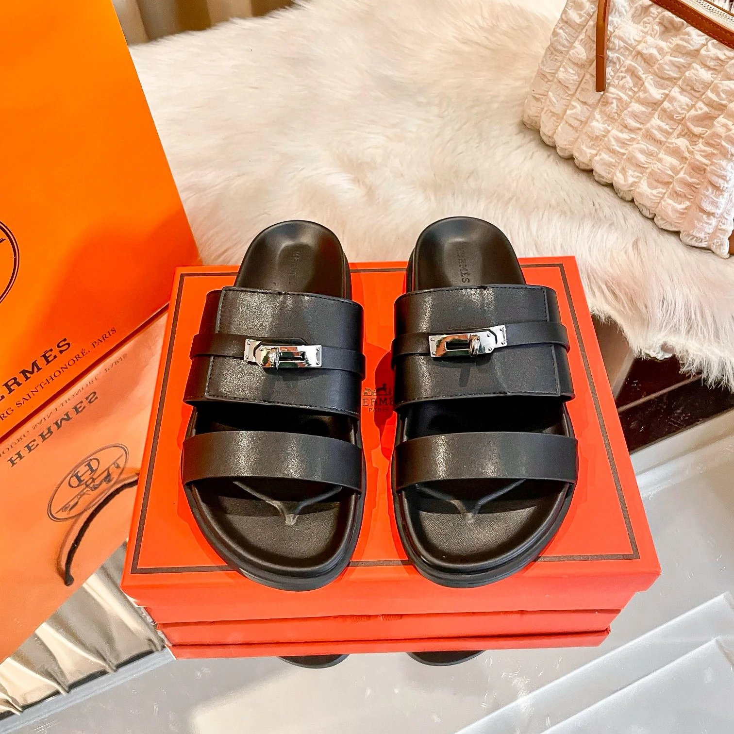 Hermès Sandals Two-strap flat with Kelly buckle — Black skin