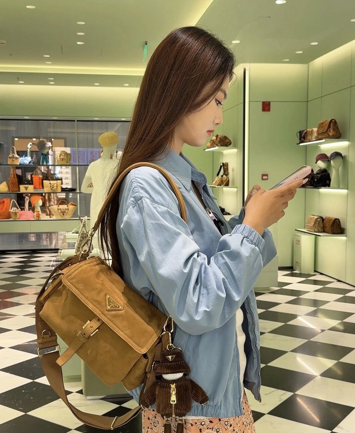 PRADA Prada Fall/Winter Enameled Metal Triangle Logo Suede Shoulder Bag Women's Cocoa Brown