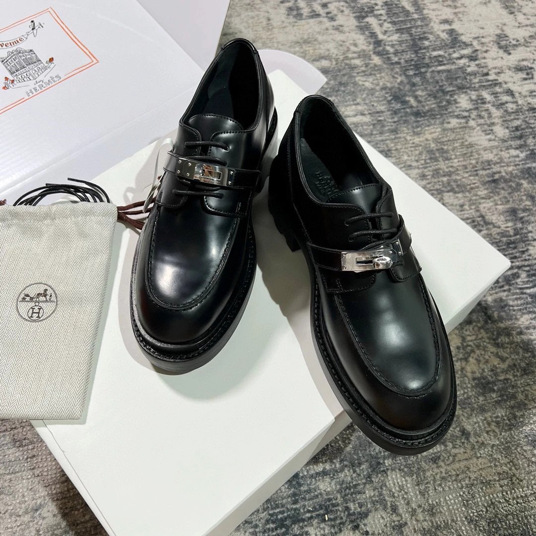 【代购级别】2025早春新款爱马家Hermes kelly扣厚底乐福鞋小皮鞋女鞋单鞋休闲鞋增高鞋