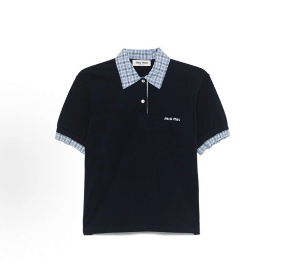 SS25 Contrast Collar Short Sleeve Polo Shirt for Women, Navy Blue