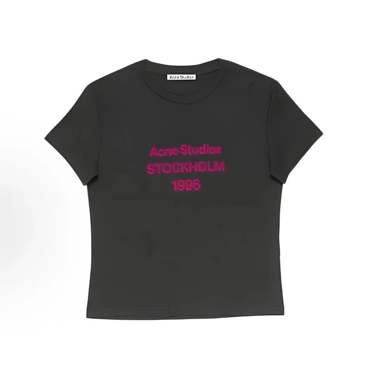 (In Stock) ACN Black Pink Flocked Women's Short Sleeve Cropped Polo Shirt Custom Linen Cotton Fabric Electrostatic Flocking