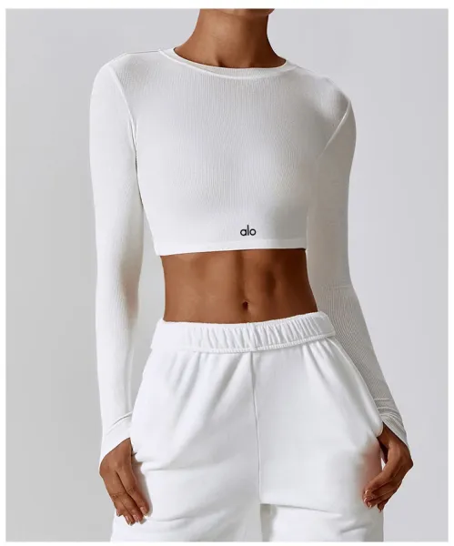 Alo Long Sleeve Ribbed Crop Top White Activewear - 24