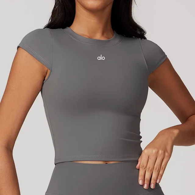 Alo Yoga T-Shirts Fitted cropped cap-sleeve T-shirt with built-in cup options product detail image 14