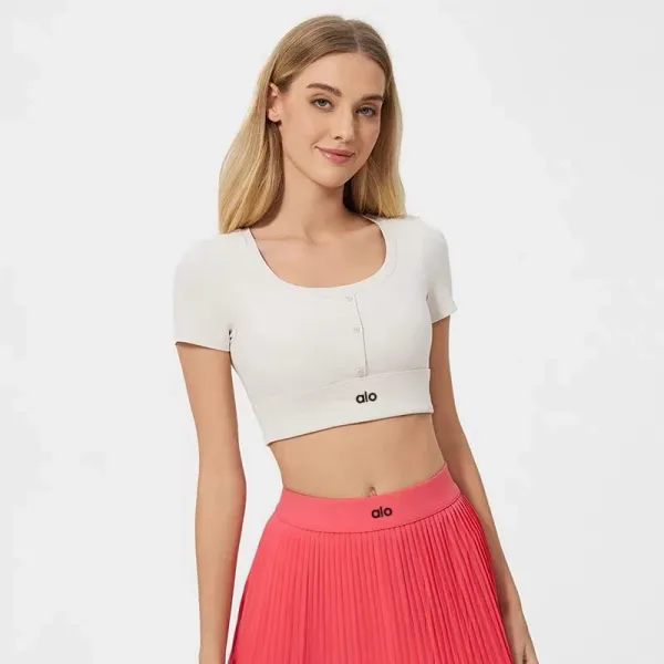 Alo Button-Front Crop Top White + Pleated Tennis Skirt Pink Activewear - 32