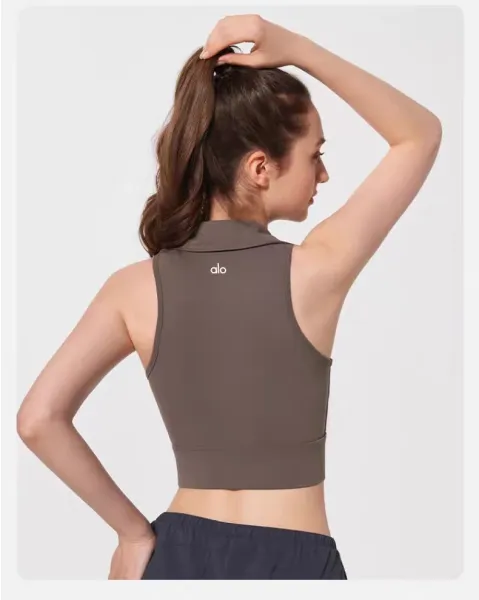 Alo Collar Crop Top Chestnut Brown Activewear - 30