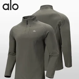 thumbnail for aloyoga休闲运动长袖男士秋冬薄绒半拉链立领上衣户外健身跑步保暖套头衫