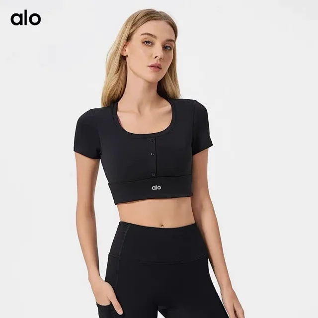 Alo Yoga T-Shirts Cropped short-sleeve button-front athletic top product detail image 32