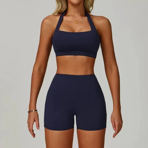 Design Halter Neck Sports Bra and High-Waisted Shorts Set Navy Activewear - 1