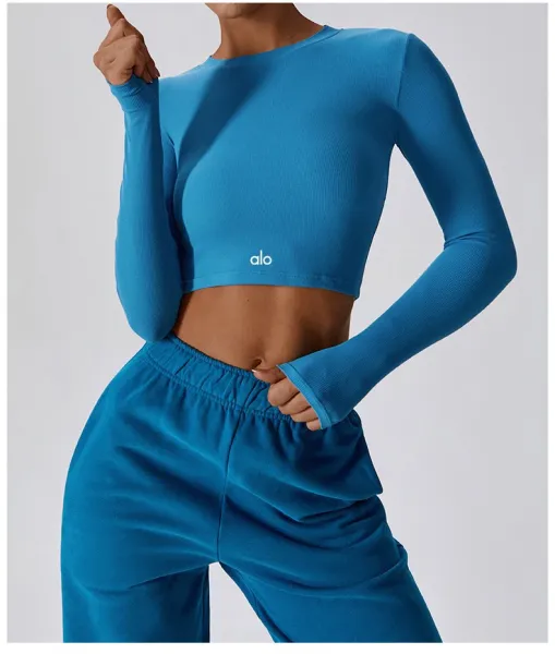 Alo Long Sleeve Ribbed Crop Top White Activewear - 19