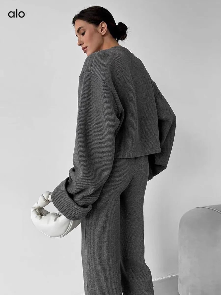 Alo Tracksuits Knitted zip-up jacket and wide-leg trousers set image 8