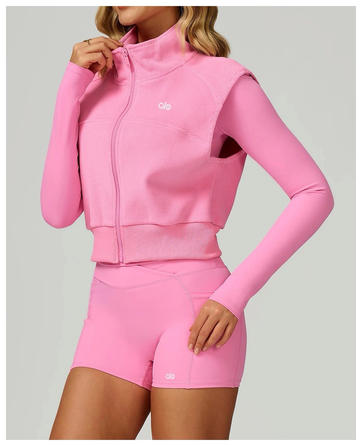 Alo Fleece Crop Jacket Pink Activewear Outerwear - 22