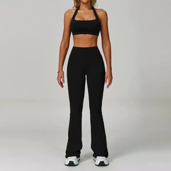 Design Black Halter Crop Top and Flared Leggings Set Activewear - 1
