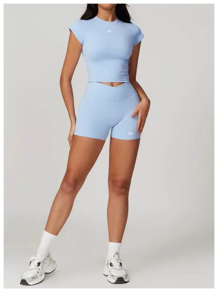 Alo Yoga Sculpt Short Sleeve Crop Top Light Blue Activewear - 46