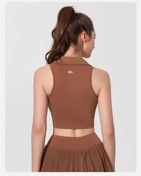 Alo Collar Crop Top Chestnut Brown Activewear - 33