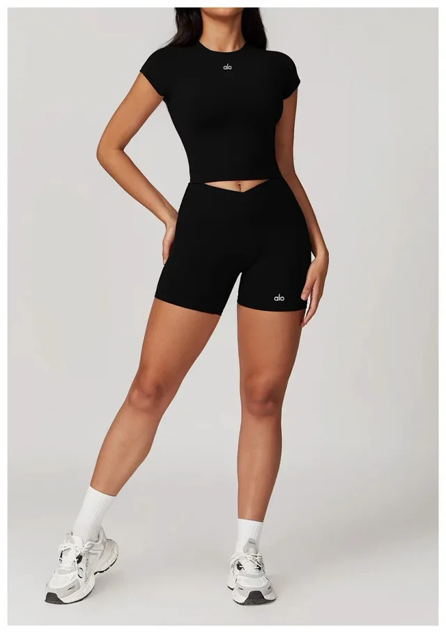 Alo Yoga T-Shirts Fitted cropped cap-sleeve T-shirt with built-in cup options product detail image 51