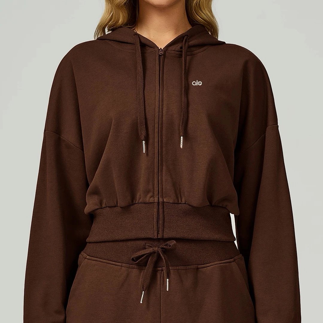 Alo Hoodies & Sweatshirts Cropped zip-up hoodie with drawstring hood — Coffee color
