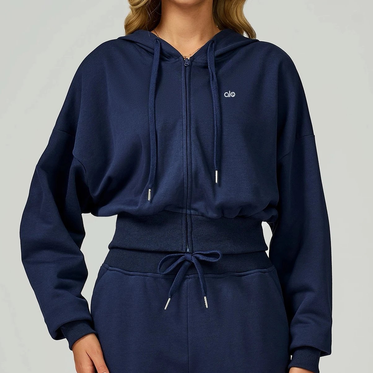 Alo Hoodies & Sweatshirts Cropped zip-up hoodie with drawstring hood — Midnight blue