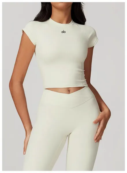 Alo Yoga Sculpt Short Sleeve Crop Top Light Blue Activewear - 31