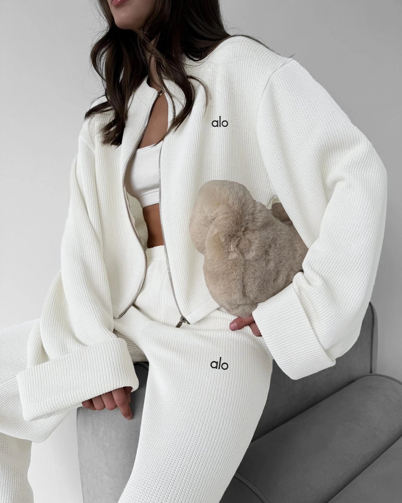 Alo Tracksuits Knitted zip-up jacket and wide-leg trousers set image 3