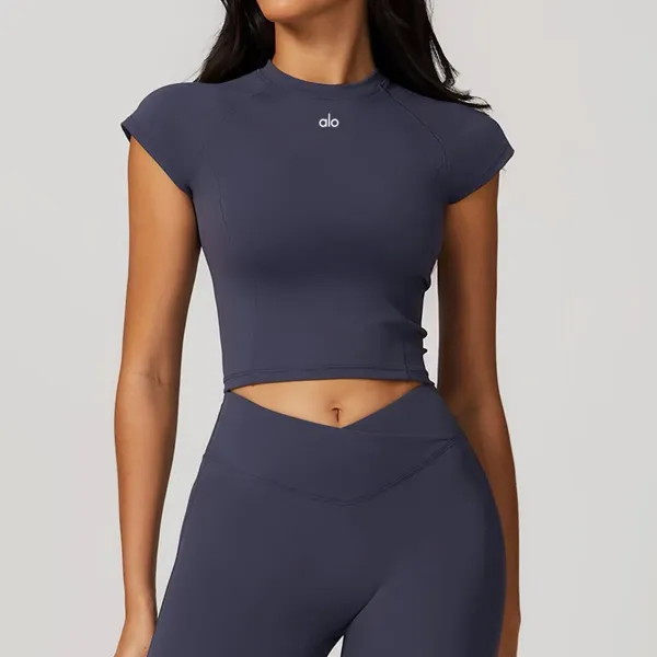 Alo Yoga Sculpt Short Sleeve Crop Top Light Blue Activewear - 7