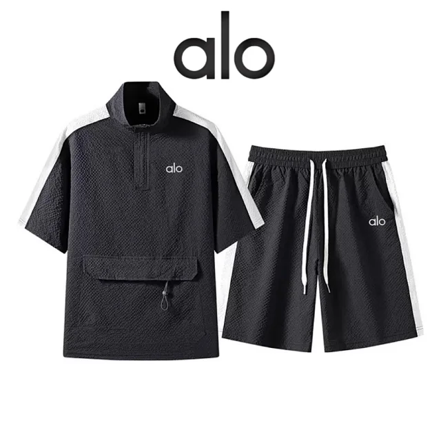 Alo Yoga Matching Sets Half-Zip Short-Sleeve Top and Shorts Set with Contrast Side Stripes product detail image 2