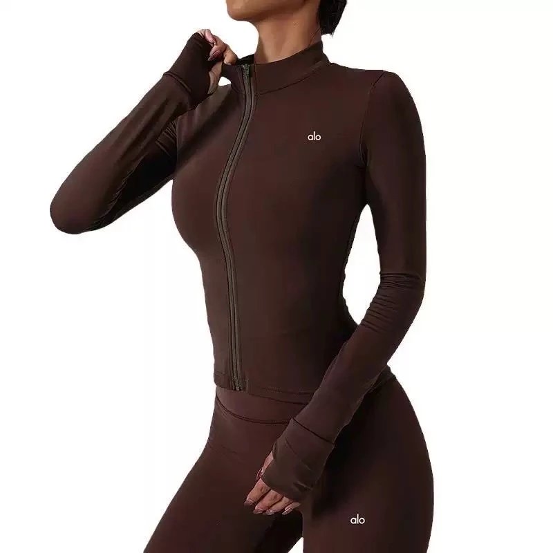 Alo Yoga Jackets Women's fitted full-zip mock-neck jacket with thumbholes — Dark brown