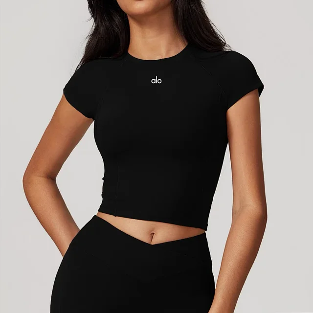 Alo Yoga T-Shirts Fitted cropped cap-sleeve T-shirt with built-in cup options product detail image 7