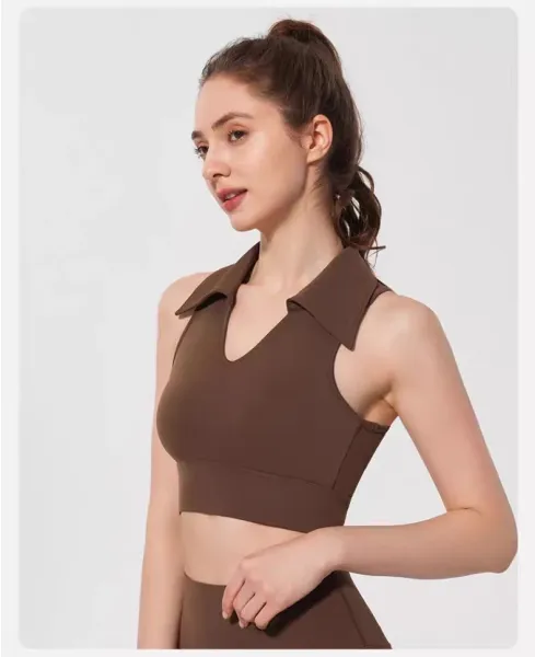 Alo Collar Crop Top Chestnut Brown Activewear - 20