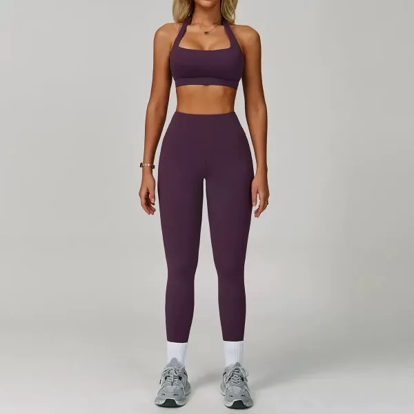 Design Halter Neck Sports Bra and High-Waist Leggings Set Purple Activewear - 1