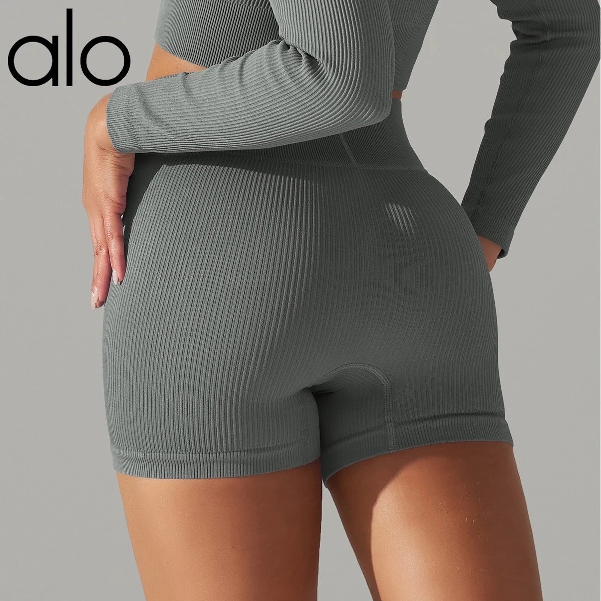 Alo Shorts Ribbed High-Waist Biker — gray