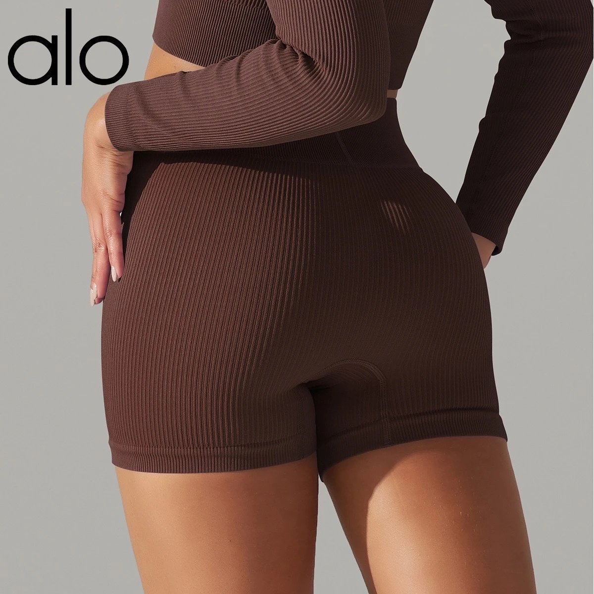 Alo Shorts Ribbed High-Waist Biker — Coffee