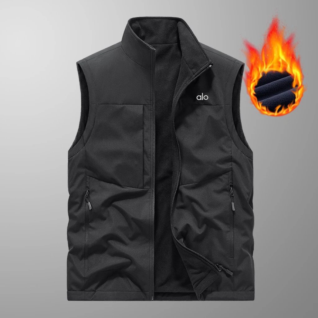 Alo Vests Fleece-Lined Zip Vest with Stand Collar — Black