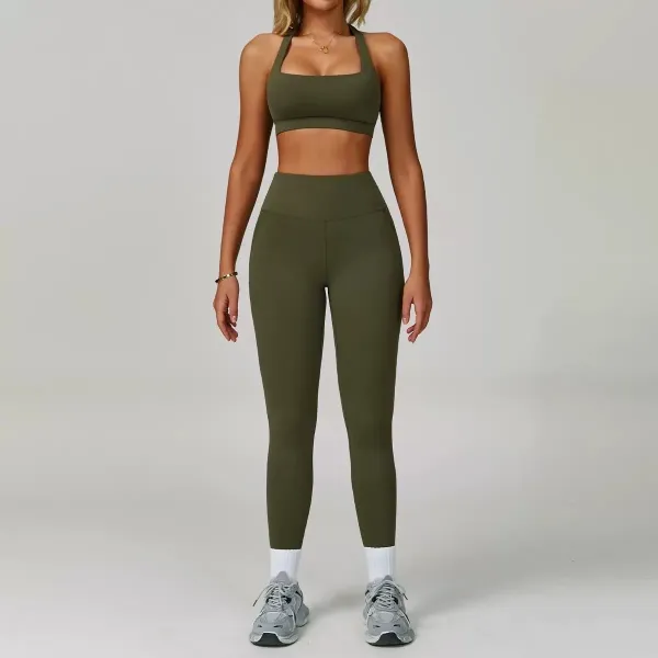 Design Olive Green High-Waisted Legging Set with Square Neck Sports Bra Activewear - 1