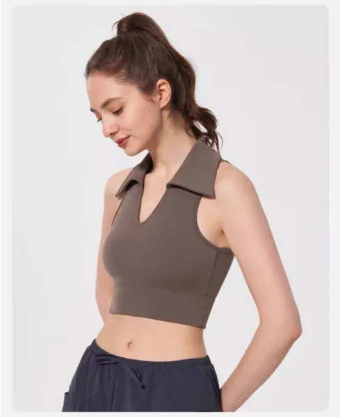 Alo Collar Crop Top Chestnut Brown Activewear - 29