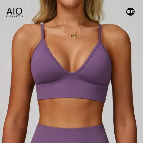Design AIO Yoga Outls Purple V-Neck Sports Bra Activewear - 1