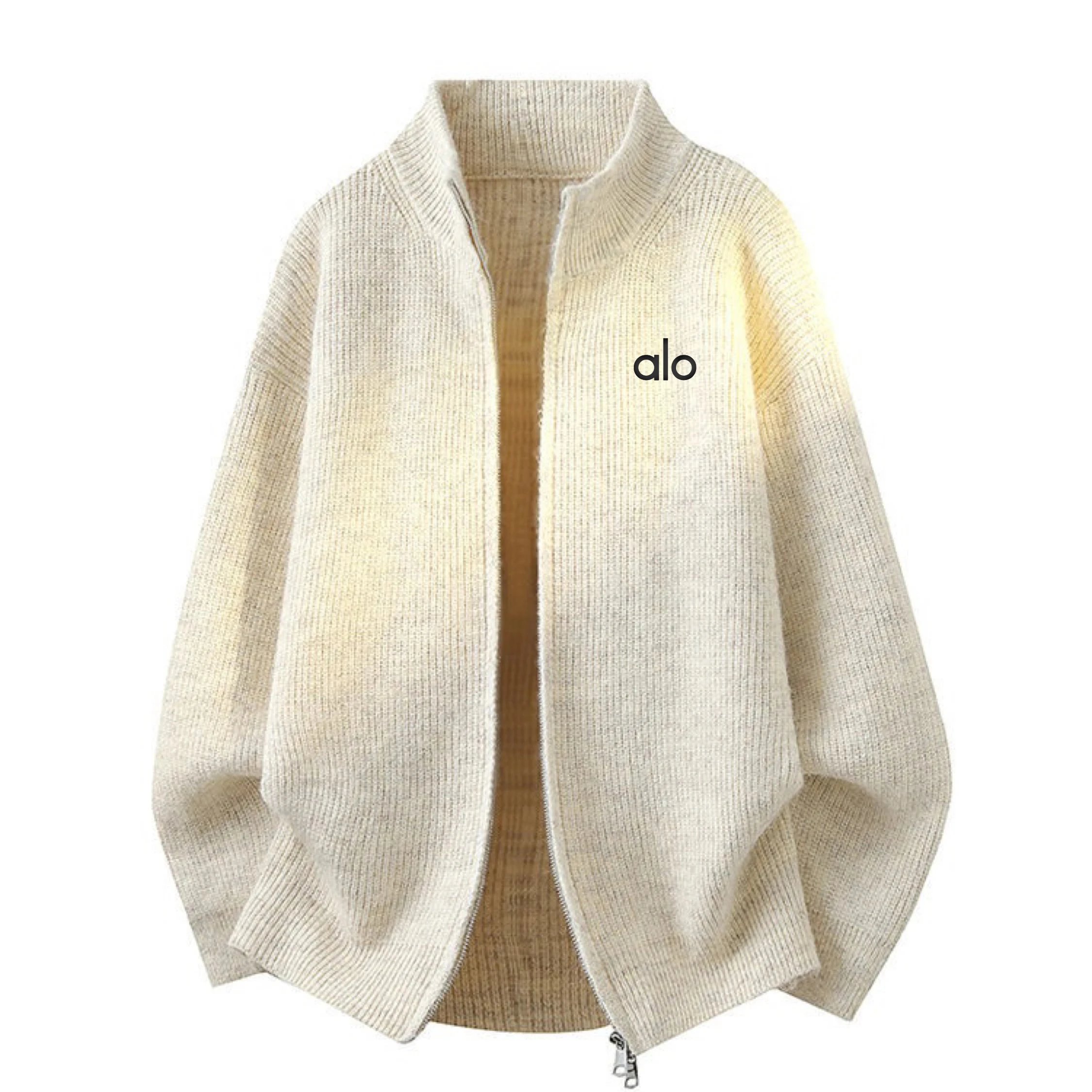 Alo Knitwear Zip-Up Stand-Collar Knit Cardigan — Off-white