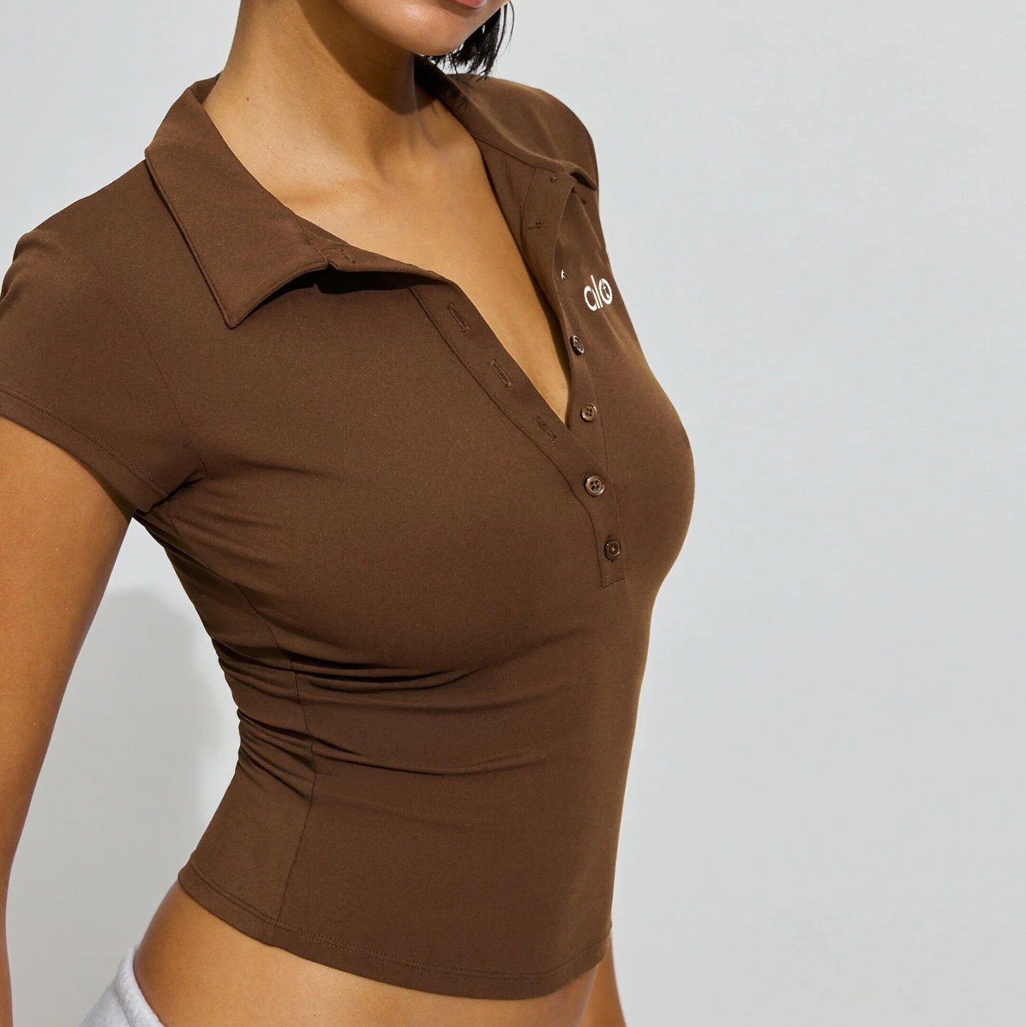 Alo Yoga Cropped Polo Top Brown - 1