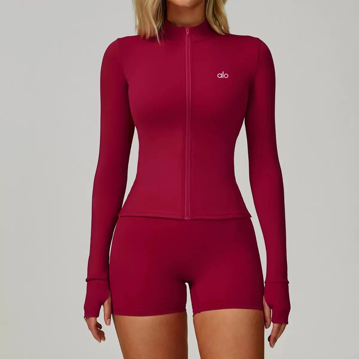 Alo Yoga Jackets Women's fitted full-zip mock-neck jacket with thumbholes — Rose red