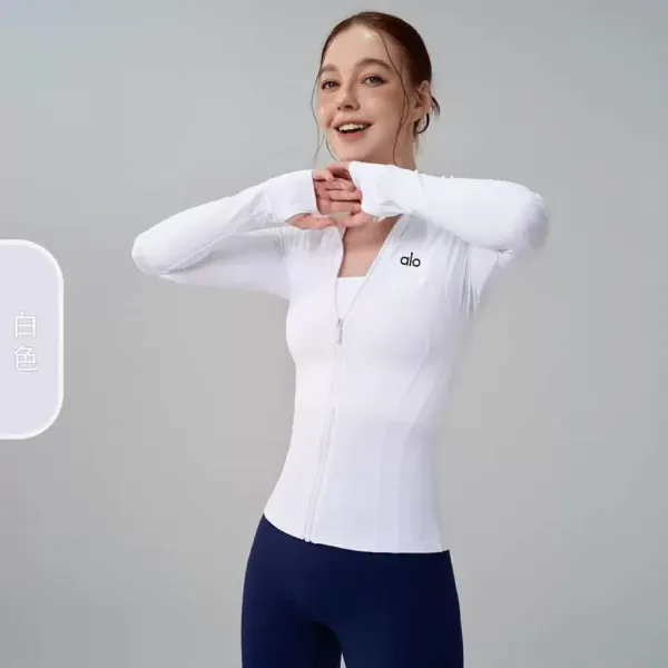 Alo Yoga Long Sleeve Zip-Up Top White Activewear - 4