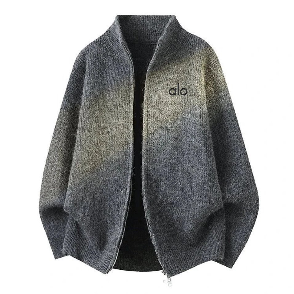 Alo Knitwear Zip-Up Stand-Collar Knit Cardigan — Dark gray