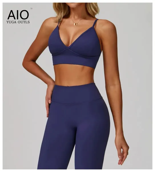 Design AIO Yoga Outls V-Neck Sports Bra Navy Blue Activewear - 32