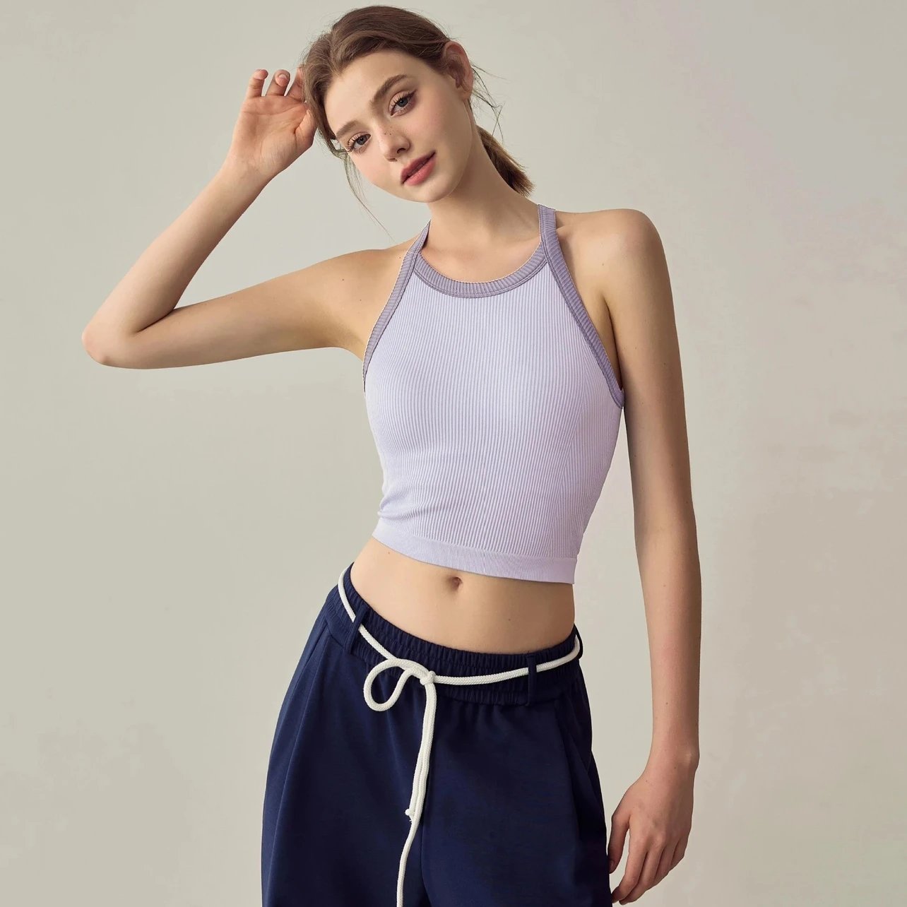Design Ribbed Halter Crop Top in Lavender with Contrasting Trim Vest Top - 5