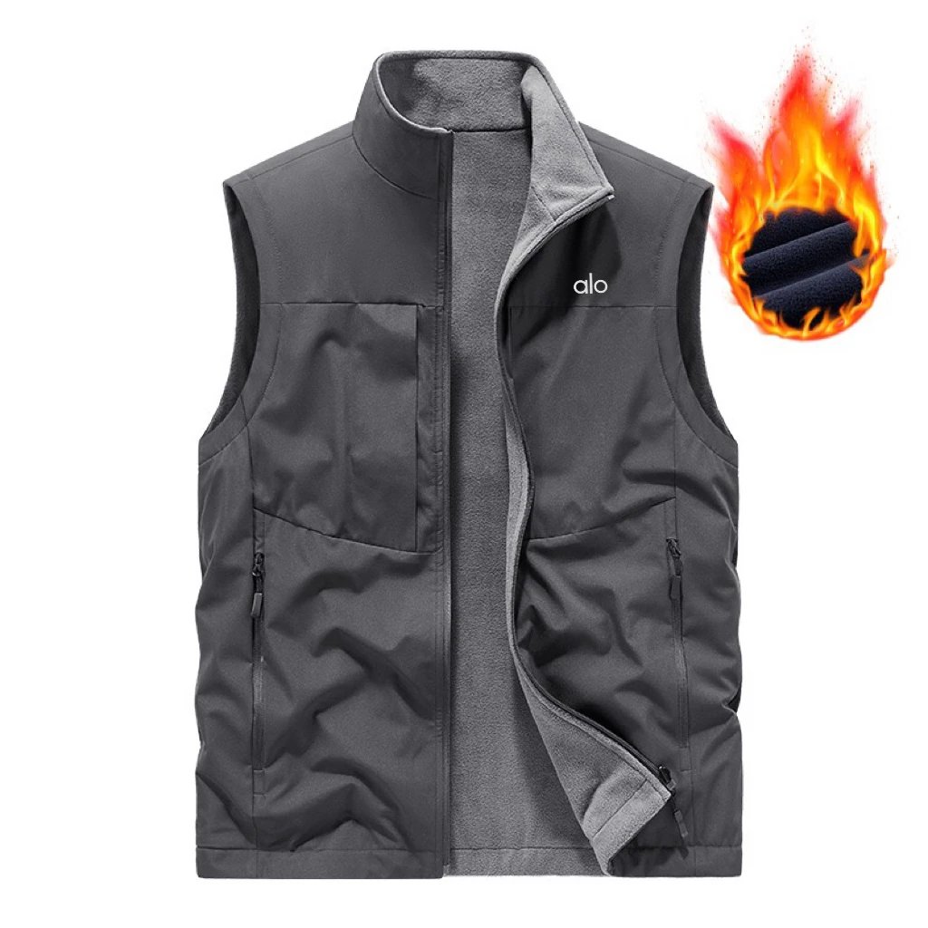 Alo Vests Fleece-Lined Zip Vest with Stand Collar — gray